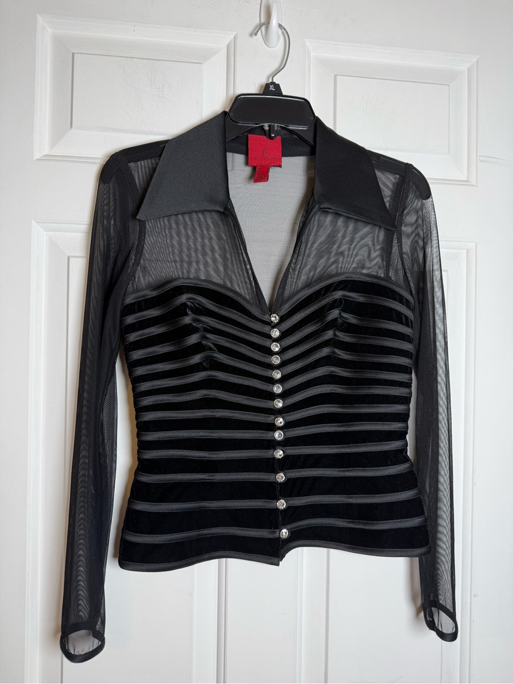 JS Collections Fancy Blouse Sz 6 Sheer Sleeves Black Velvet Stripes Rhinestones